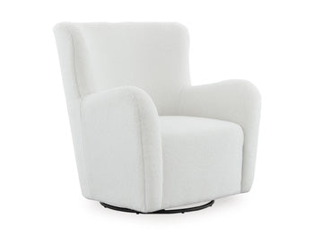 Ashley Furniture Rowenburg swivel glider accent chair with plush upholstery and wooden legs, shown from an angled view.