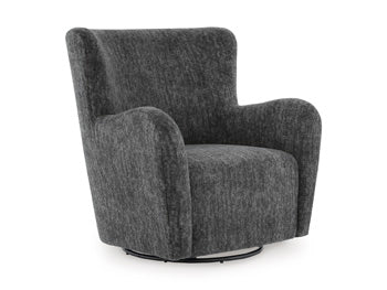 Ashley Furniture Rowenburg swivel glider accent chair with cushioned seat and back, showcasing a stylish, comfortable design.