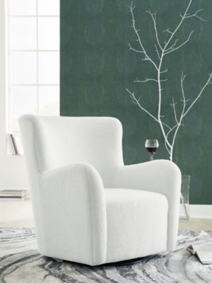 Ashley Furniture Rowenburg swivel glider accent chair with plush fabric and curved armrests in a cozy living room setting.