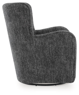 Ashley Furniture Rowenburg swivel glider accent chair with plush upholstery and wooden legs, shown from the side.