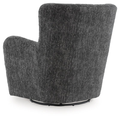 Ashley Furniture Rowenburg swivel glider accent chair with plush fabric and modern design, shown from the back.