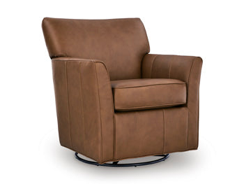 Ashley Furniture Braydunn swivel glider accent chair with plush fabric and wooden base, shown from an angled side view.