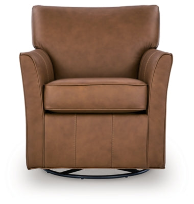 Ashley Furniture Braydunn swivel glider accent chair with plush upholstery and wooden base, shown from a front head-on view.