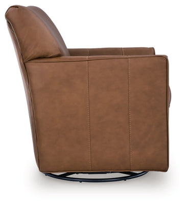Ashley Furniture Braydunn swivel glider accent chair with plush upholstery and a modern design, shown from the side.