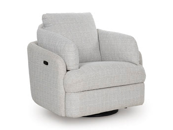 Ashley Furniture Alainmont Next-Gen Nuvella swivel power recliner accent chair, close-up of plush fabric and swivel base.