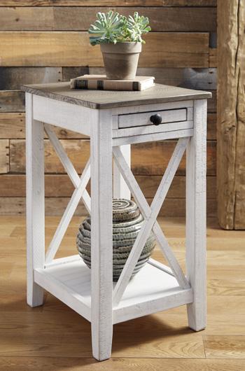 Ashley Furniture Adalane accent table with a sleek wooden top and metal legs, perfect for living room or bedroom decor.