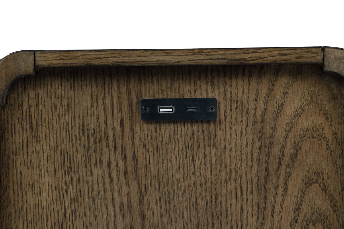 Ashley Furniture Jensworth accent table with a sleek wooden top and metal legs, ideal for living room or bedroom decor.