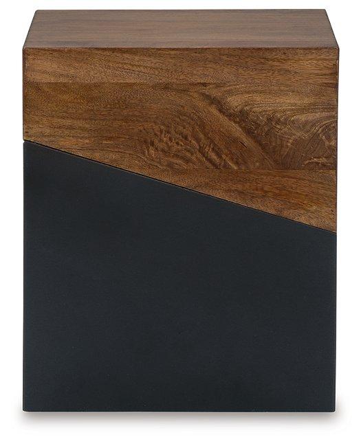 Ashley Furniture Trailbend accent table with a wooden top and metal legs, ideal for living room or bedroom decor.