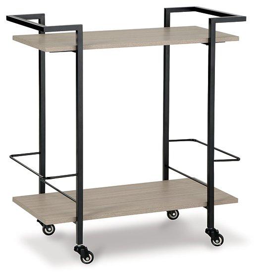 Ashley Furniture Waylowe Bar Cart with metal frame and wooden shelves, perfect for serving and stylish home bar storage.
