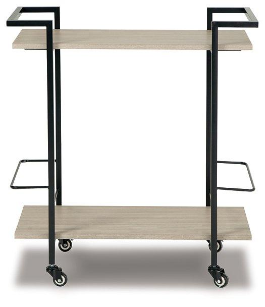 Ashley Furniture Waylowe Bar Cart with metal frame and wooden shelves, perfect for stylish home bar or entertaining space.