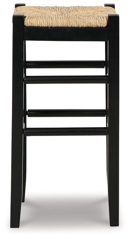 Ashley Furniture Mirimyn bar height bar stool with wooden seat and metal frame, ideal for kitchen or bar area.