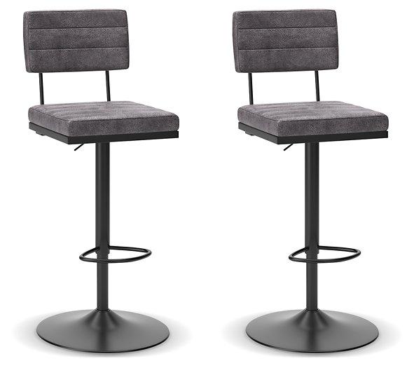 Ashley Furniture Strumford bar height barstool with wooden legs and upholstered seat, designed for modern bar or kitchen counter seating.