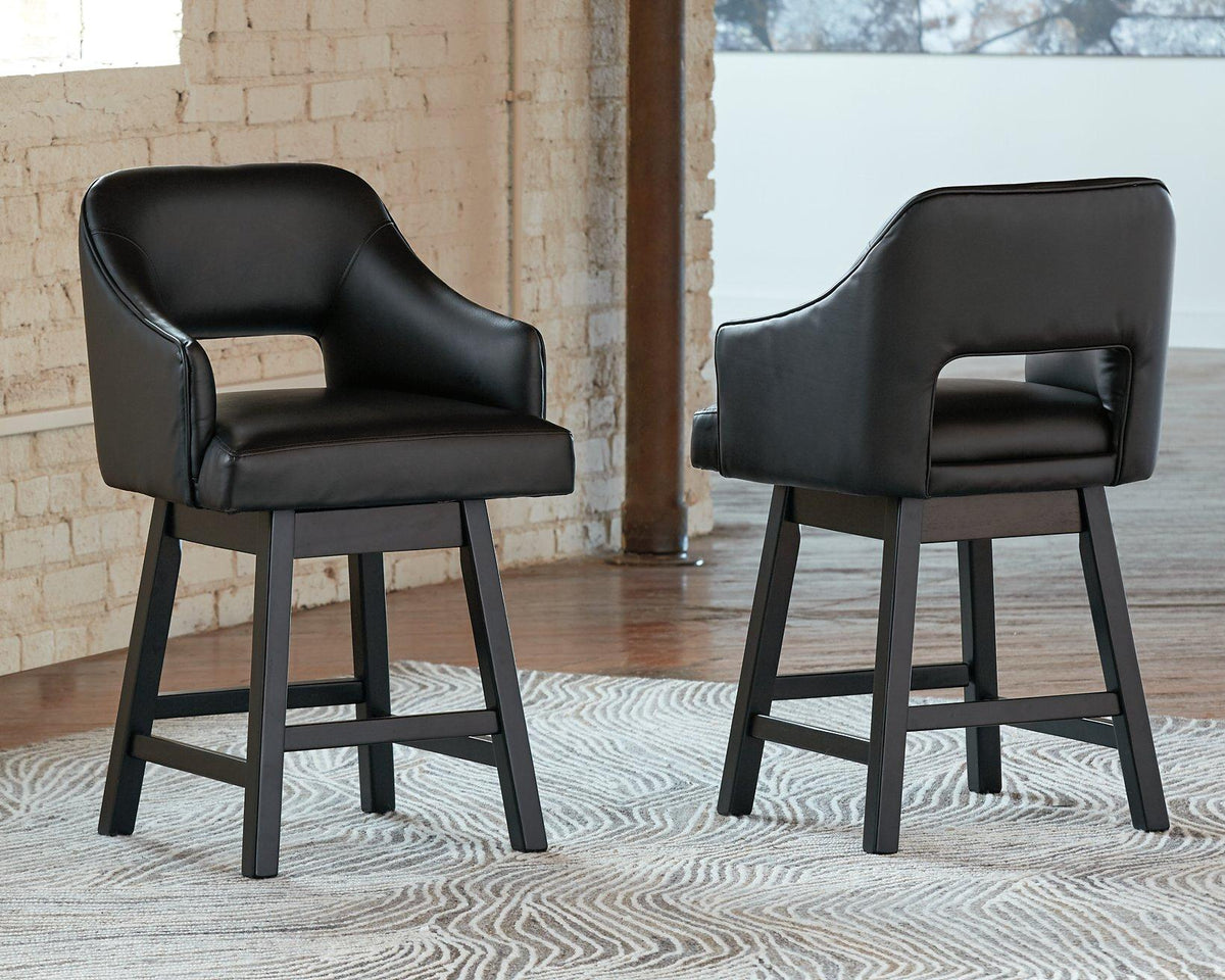 Counter height bar stool by Ashley Furniture with a tall backrest and wooden legs, ideal for kitchen or bar areas.
