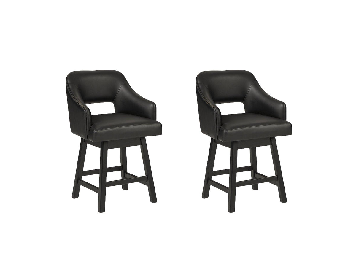 Set of Ashley Furniture Tallenger barstools with wooden seats and metal legs, ideal for kitchen or bar area.