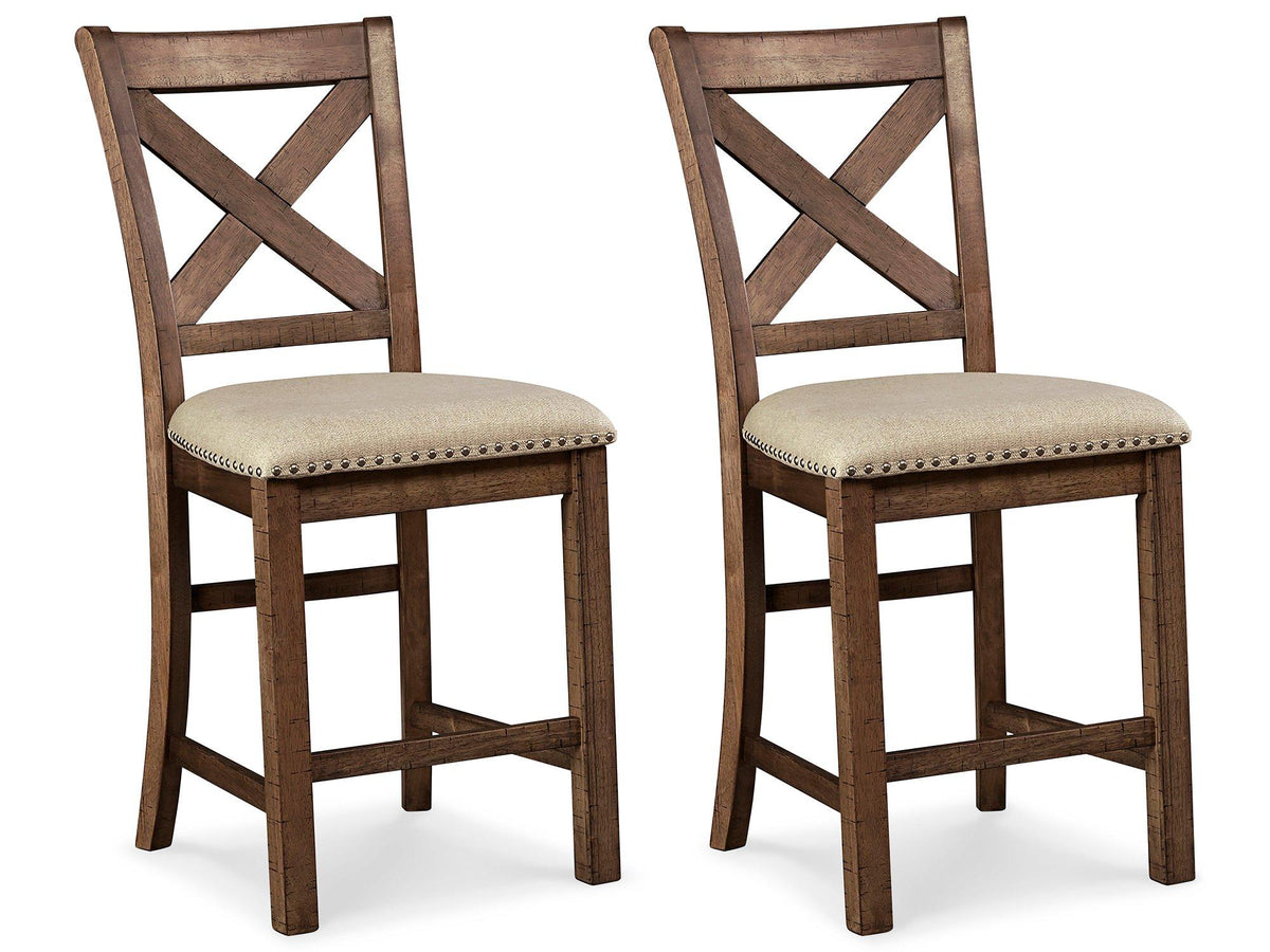 Set of Ashley Furniture Moriville barstools with wooden legs and upholstered seats, perfect for kitchen or bar area.