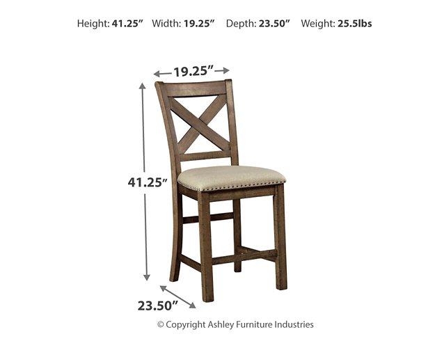 Set of four Ashley Furniture Moriville barstools with wooden legs and upholstered seats, ideal for kitchen or bar area.