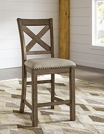 Set of four Ashley Furniture Moriville barstools with wooden seats and metal legs, ideal for kitchen or bar area.