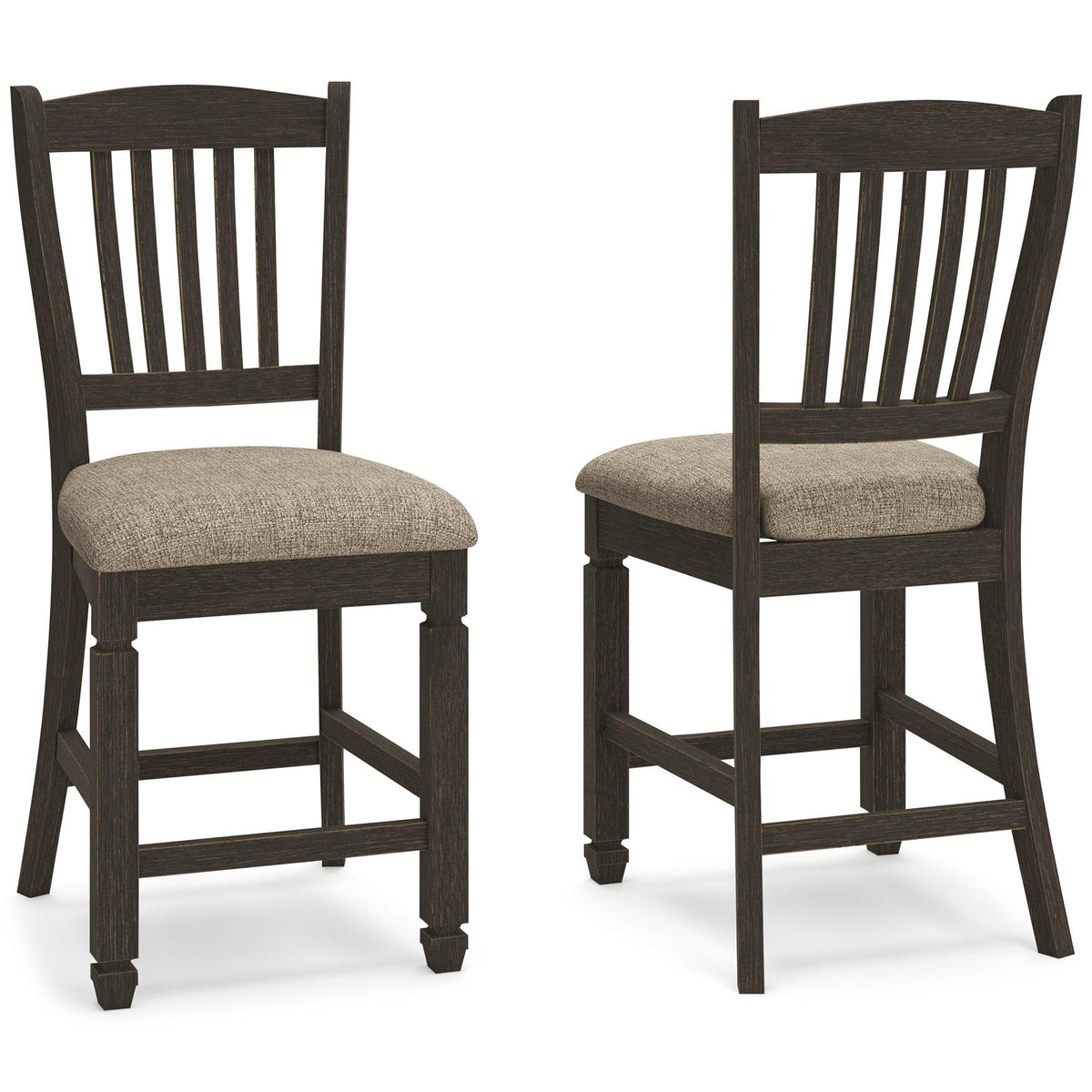 Set of Ashley Furniture Tyler Creek Bar Stools featuring wooden seats and metal legs, arranged around a kitchen island.