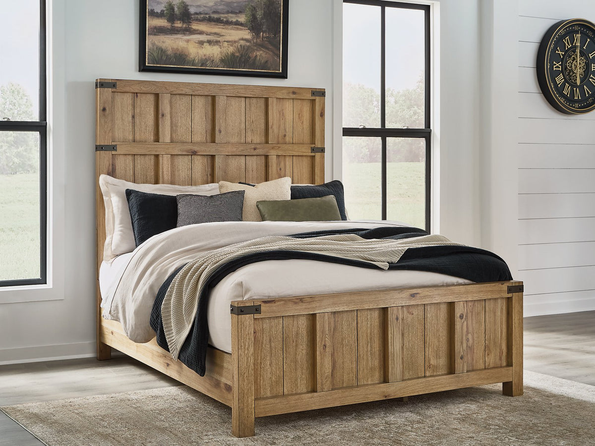 Ashley Furniture Ridgester Bed with a wooden frame and upholstered headboard, shown in a modern bedroom setting.