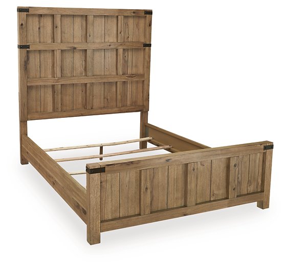 Ashley Furniture Ridgester bed with a stylish wooden frame and headboard, shown from an angled side view.