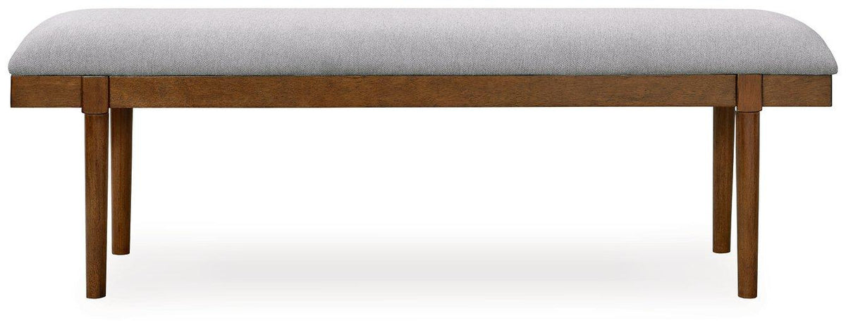 Ashley Furniture Lyncott 59-inch upholstered dining bench with cushioned seat and wooden legs, ideal for kitchen or dining room seating.