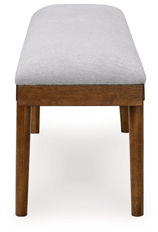 Ashley Furniture Lyncott 59-inch upholstered dining bench with padded seat and wooden legs, ideal for modern dining rooms.