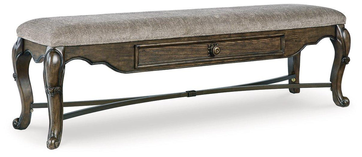 Maylee 63-inch dining bench by Ashley Furniture, wooden seat with tapered legs, ideal for kitchen or dining room seating