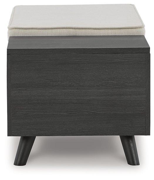 Ashley Furniture Yarlow Storage Bench with cushioned top and wooden base, ideal for entryway or living room storage.