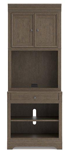 Ashley Furniture Janismore Bookcase with multiple shelves and a dark wood finish, ideal for living room or office storage.