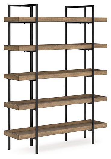 Montia 76-inch wooden bookcase by Ashley Furniture with multiple shelves for storage and display.