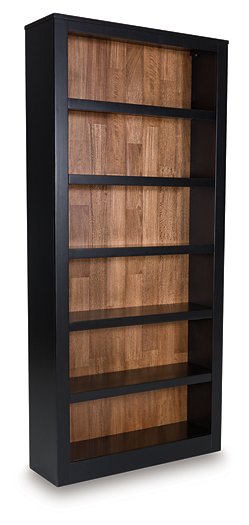 Wildenauer 75-inch Ashley Furniture bookcase with multiple shelves and a warm wood finish, viewed from an angled perspective.