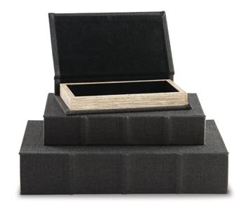 Set of three Ashley Furniture Jolina boxes, stylish storage boxes with decorative patterns and sturdy construction.