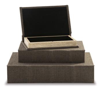 Set of three Ashley Furniture Jolina boxes, decorative storage boxes with stylish patterns and sturdy construction.