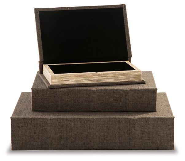 Set of three Ashley Furniture Jolina boxes, stylish storage boxes with decorative patterns, perfect for organizing and decorating spaces.