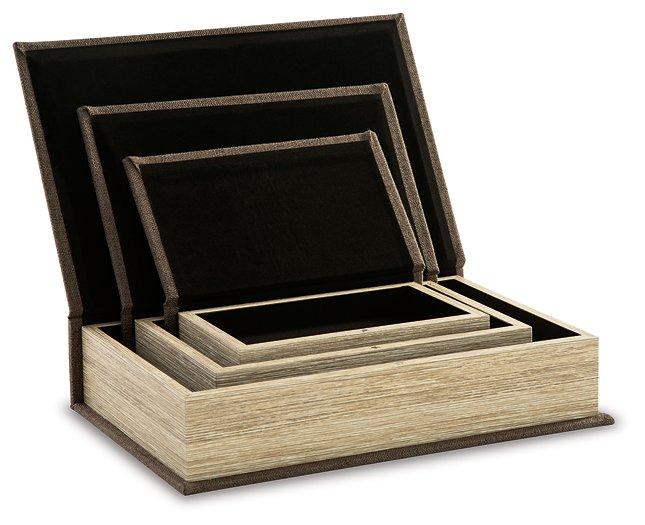 Set of three Ashley Furniture Jolina boxes, decorative storage boxes with intricate patterns and wooden accents.