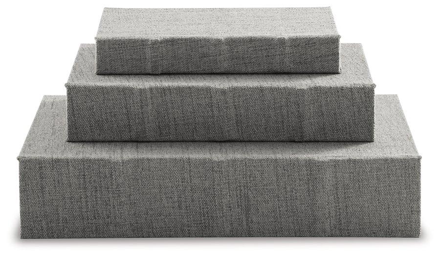 Set of three Jolina storage boxes by Ashley Furniture, rectangular fabric boxes with lid for organization and decor.