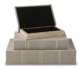 Set of three Ashley Furniture Jolina boxes, rectangular storage boxes with decorative patterns and wooden accents.