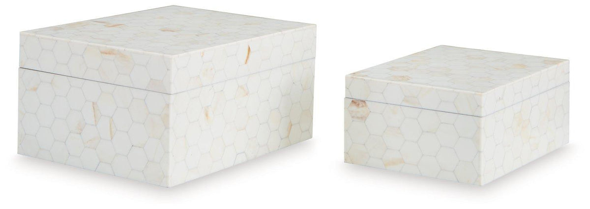 Set of two Aldenburg storage boxes by Ashley Furniture, featuring durable wood construction and classic design.