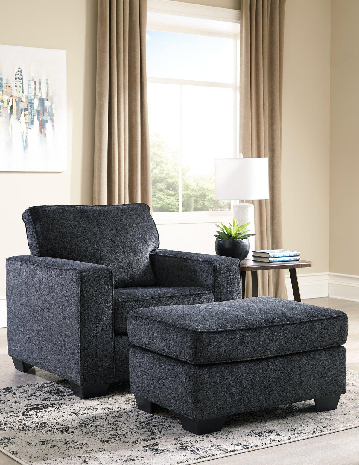Ashley Furniture Altari Chair with plush fabric upholstery and wooden legs, showcasing a stylish, comfortable living room accent piece.