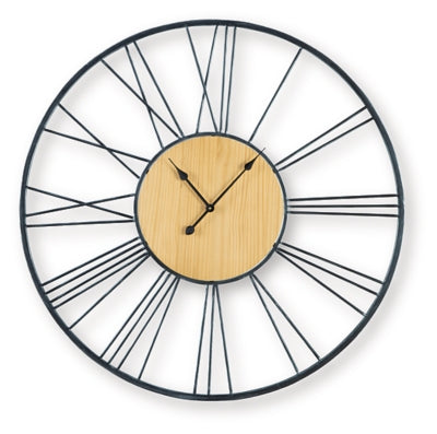 Ashley Furniture Brockett wall clock with a modern round design and sleek black finish, perfect for contemporary home decor.