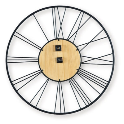 Ashley Furniture Brockett wall clock with a stylish round design and black frame, suitable for modern home decor.