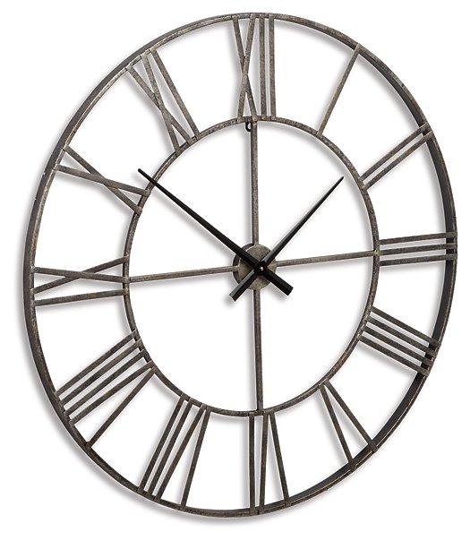 Ashley Furniture Paquita Wall Clock with a stylish round design, featuring a modern black and white face and sleek frame.