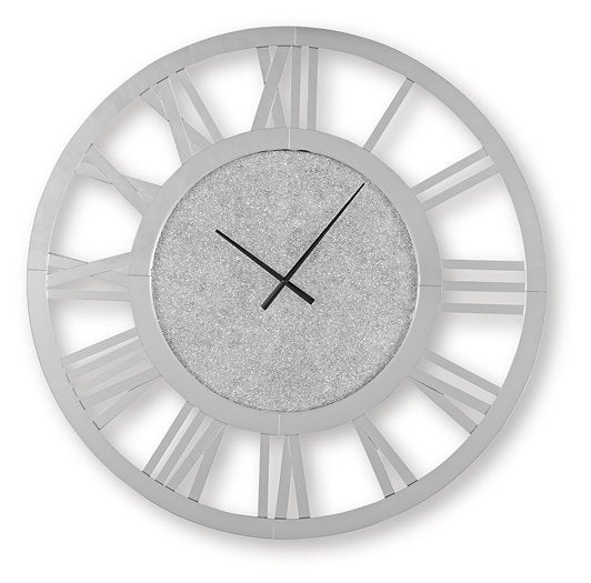 Ashley Furniture Reinport wall clock with a modern round design, black frame, and minimalist white clock face.