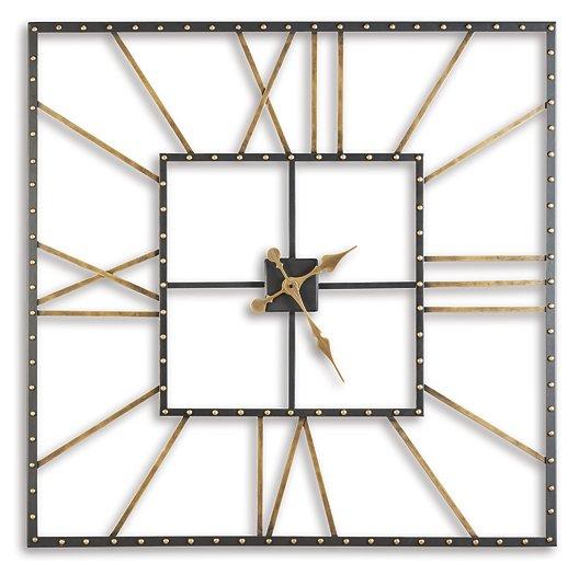 Ashley Furniture Thames Wall Clock showing a round clock face with black hands and Roman numerals on a white background.