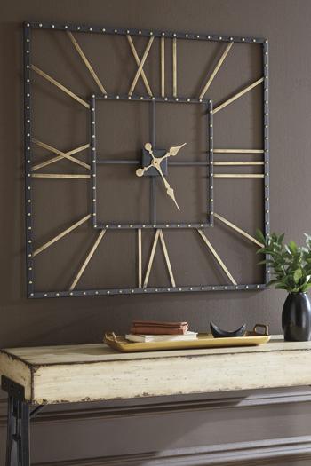 Ashley Furniture Thames Wall Clock showing a modern round design with a black frame and white face for stylish home decor.