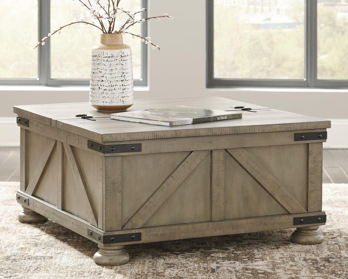 Ashley Furniture Aldwin coffee table with storage, modern cocktail table featuring a sleek design and ample storage space.
