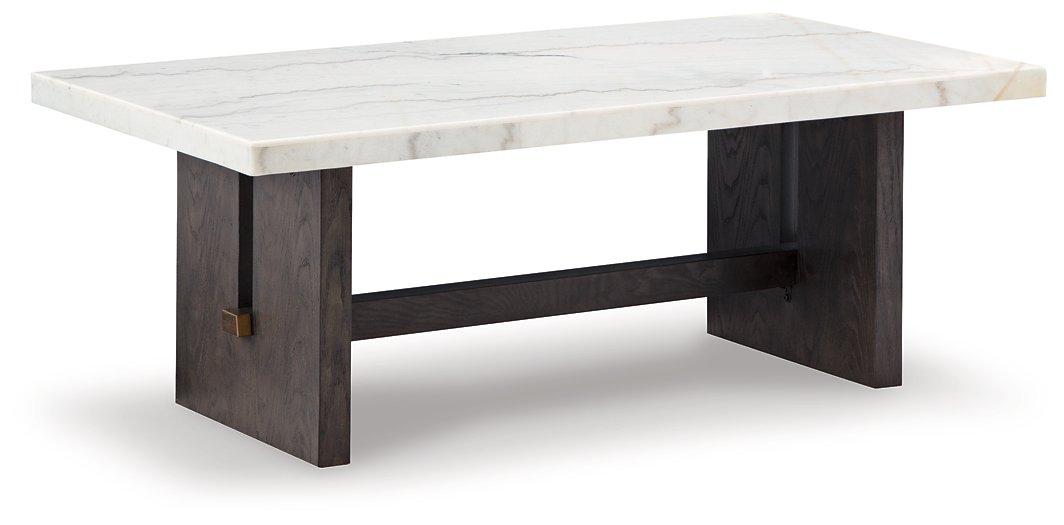 Ashley Furniture Burkhaus coffee table, stylish cocktail table with a modern design, featuring a wooden top and metal legs.