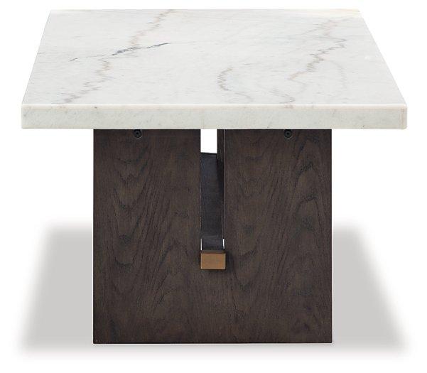 Ashley Furniture Burkhaus coffee cocktail table with a sleek wooden finish and modern design, perfect for living room decor.