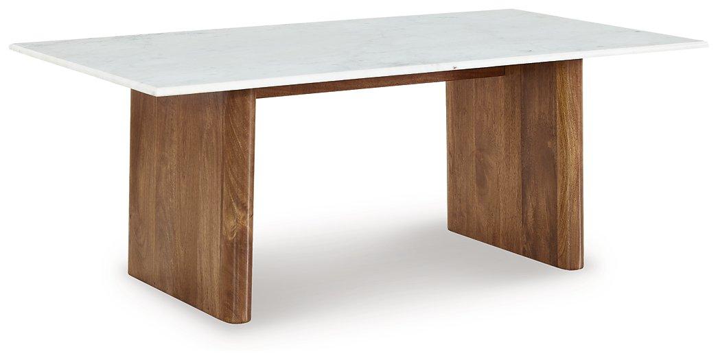 Ashley Furniture Isanti coffee cocktail table with a modern wooden design, featuring a smooth surface and sturdy legs.
