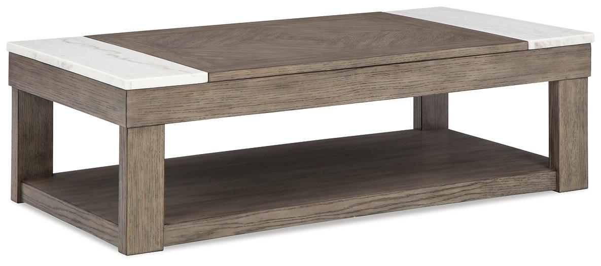 Lift-top Ashley Furniture Loyaska cocktail coffee table with wood finish and hidden storage, featuring a functional lift top design.
